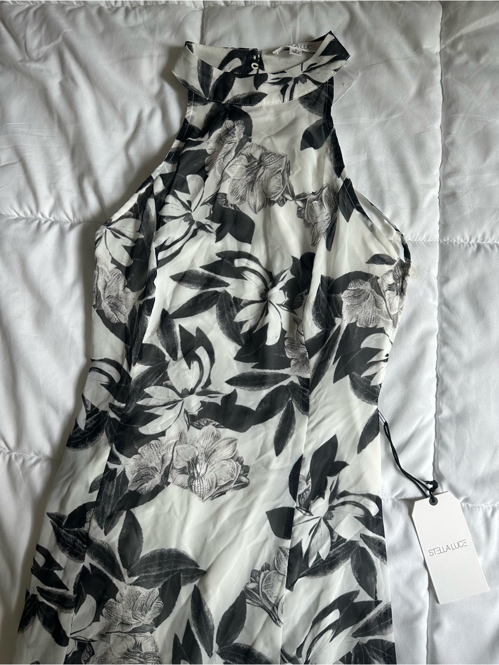 Stella Luce Black & White Halter, backless Floral Dress